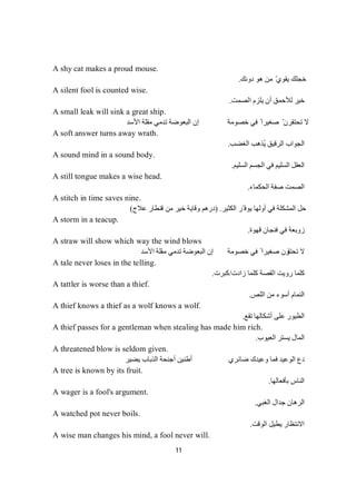 11
A shy cat makes a proud mouse.
‫دوﻧﻚ‬ ‫ھﻮ‬ ‫ﻣﻦ‬ ّ‫ﯾﻘﻮي‬ ‫ﺧﺠﻠﻚ‬.
A silent fool is counted wise.
‫اﻟﺼﻤﺖ‬ ‫ﯾﻠﺰم‬ ‫أن‬ ‫ﻟﻸﺣﻤﻖ‬ ‫ﺧﯿﺮ‬.
A small leak will sink a great ship.
‫اﻷﺳﺪ‬ ‫ﻣﻘﻠﺔ‬ ‫ﺗﺪﻣﻲ‬ ‫اﻟﺒﻌﻮﺿﺔ‬ ‫إن‬ ‫ﺧﺼﻮﻣﺔ‬ ‫ﻓﻲ‬ ً ‫ﺻﻐﯿﺮا‬ ّ ‫ﺗﺤﺘﻘﺮن‬ ‫ﻻ‬
A soft answer turns away wrath.
‫اﻟﻐﻀﺐ‬ ‫ُﺬھﺐ‬‫ﯾ‬ ‫اﻟﺮﻗﯿﻖ‬ ‫اﻟﺠﻮاب‬.
A sound mind in a sound body.
‫اﻟﺴﻠ‬ ‫اﻟﻌﻘﻞ‬‫اﻟﺴﻠﯿﻢ‬ ‫اﻟﺠﺴﻢ‬ ‫ﻓﻲ‬ ‫ﯿﻢ‬.
A still tongue makes a wise head.
‫اﻟﺤﻜﻤﺎء‬ ‫ﺻﻔﺔ‬ ‫اﻟﺼﻤﺖ‬.
A stitch in time saves nine.
‫اﻟﻜﺜﯿﺮ‬ ‫ّﺮ‬ ‫ﯾﻮﻓ‬ ‫أوﻟﮭﺎ‬ ‫ﻓﻲ‬ ‫اﻟﻤﺸﻜﻠﺔ‬ ‫ﺣﻞ‬.)‫ﻋﻼج‬ ‫ﻗﻨﻄﺎر‬ ‫ﻣﻦ‬ ‫ﺧﯿﺮ‬ ‫وﻗﺎﯾﺔ‬ ‫درھﻢ‬(
A storm in a teacup.
‫ﻗﮭﻮة‬ ‫ﻓﻨﺠﺎن‬ ‫ﻓﻲ‬ ‫زوﺑﻌﺔ‬.
A straw will show which way the wind blows
‫ﻻ‬‫ﺘ‬‫ﺤ‬‫ﺗ‬‫ﻘ‬‫اﻷﺳﺪ‬ ‫ﻣﻘﻠﺔ‬ ‫ﺗﺪﻣﻲ‬ ‫اﻟﺒﻌﻮﺿﺔ‬ ‫إن‬ ‫ﺧﺼﻮﻣﺔ‬ ‫ﻓﻲ‬ ً ‫ﺻﻐﯿﺮا‬ ‫ﺮن‬
A tale never loses in the telling.
‫زادت‬ ‫ﻛﻠﻤﺎ‬ ‫اﻟﻘﺼﺔ‬ ‫روﯾﺖ‬ ‫ﻛﻠﻤﺎ‬/‫ﻛﺒﺮت‬.
A tattler is worse than a thief.
‫اﻟﻨﻤﺎم‬‫اﻟﻠﺺ‬ ‫ﻣﻦ‬ ‫أﺳﻮء‬.
A thief knows a thief as a wolf knows a wolf.
‫ﺗﻘﻊ‬ ‫أﺷﻜﺎﻟﮭﺎ‬ ‫ﻋﻠﻰ‬ ‫اﻟﻄﯿﻮر‬.
A thief passes for a gentleman when stealing has made him rich.
‫اﻟﻌﯿﻮب‬ ‫ﯾﺴﺘﺮ‬ ‫اﻟﻤﺎل‬.
A threatened blow is seldom given.
‫ﯾﻀﯿﺮ‬ ‫اﻟﺬﺑﺎب‬ ‫أﺟﻨﺤﺔ‬ ‫أطﻨﯿﻦ‬ ‫ﺿﺎﺋﺮي‬ ‫وﻋﯿﺪك‬ ‫ﻓﻤﺎ‬ ‫اﻟﻮﻋﯿﺪ‬ ‫دع‬
A tree is known by its fruit.
‫ﺑﺄﻓﻌﺎﻟﮭﺎ‬ ‫اﻟﻨﺎس‬.
A wager is a fool's argument.
‫اﻟﺮھ‬‫اﻟﻐﺒﻲ‬ ‫ﺟﺪال‬ ‫ﺎن‬.
A watched pot never boils.
‫اﻟﻮﻗﺖ‬ ‫ﯾﻄﯿﻞ‬ ‫اﻻﻧﺘﻈﺎر‬.
A wise man changes his mind, a fool never will.
 