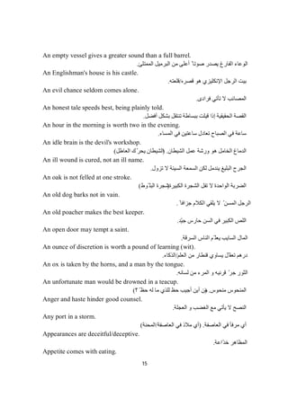 15
An empty vessel gives a greater sound than a full barrel.
‫اﻟﻤﻤﺘﻠﺊ‬ ‫اﻟﺒﺮﻣﯿﻞ‬ ‫ﻣﻦ‬ ‫أﻋﻠﻰ‬ ً ‫ﺻﻮﺗﺎ‬ ‫ﯾﺼﺪر‬ ‫اﻟﻔﺎرغ‬ ‫اﻟﻮﻋﺎء‬.
An Englishman's house is his castle.
‫ﻗﺼﺮه‬ ‫ھﻮ‬ ‫اﻹﻧﻜﻠﯿﺰي‬ ‫اﻟﺮﺟﻞ‬ ‫ﺑﯿﺖ‬/‫ﻗﻠﻌﺘﮫ‬.
An evil chance seldom comes alone.
‫ﻓﺮادى‬ ‫ﺗﺄﺗﻲ‬ ‫ﻻ‬ ‫اﻟﻤﺼﺎﺋﺐ‬.
An honest tale speeds best, being plainly told.
‫أﻓﻀﻞ‬ ‫ﺑﺸﻜﻞ‬ ‫ﺗﻨﺘﻘﻞ‬ ‫ﺑﺒﺴﺎطﺔ‬ ‫ﻗﯿﻠﺖ‬ ‫إذا‬ ‫اﻟﺤﻘﯿﻘﯿﺔ‬ ‫اﻟﻘﺼﺔ‬.
An hour in the morning is worth two in the evening.
‫اﻟﻤﺴﺎء‬ ‫ﻓﻲ‬ ‫ﺳﺎﻋﺘﯿﻦ‬ ‫ﺗﻌﺎدل‬ ‫اﻟﺼﺒﺎح‬ ‫ﻓﻲ‬ ‫ﺳﺎﻋﺔ‬.
An idle brain is the devil's workshop.
‫اﻟﺸﯿﻄﺎن‬ ‫ﻋﻤﻞ‬ ‫ورﺷﺔ‬ ‫ھﻮ‬ ‫اﻟﺨﺎﻣﻞ‬ ‫اﻟﺪﻣﺎغ‬) .‫اﻟﻌﺎطﻞ‬ ‫ك‬ّ‫ﺮ‬‫ﯾﺤ‬ ‫اﻟﺸﯿﻄﺎن‬(
An ill wound is cured, not an ill name.
‫ﺗﺰول‬ ‫ﻻ‬ ‫اﻟﺴﯿﺌﺔ‬ ‫اﻟﺴﻤﻌﺔ‬ ‫ﻟﻜﻦ‬ ‫ﯾﻨﺪﻣﻞ‬ ‫اﻟﺒﻠﯿﻎ‬ ‫اﻟﺠﺮح‬.
An oak is not felled at one stroke.
‫اﻟﻜﺒﯿﺮة‬ ‫اﻟﺸﺠﺮة‬ ‫ﺗﻔﻞ‬ ‫ﻻ‬ ‫اﻟﻮاﺣﺪة‬ ‫اﻟﻀﺮﺑﺔ‬)‫ّﻮط‬ ‫اﻟﺒﻠ‬ ‫ﺷﺠﺮة‬(
An old dog barks not in vain.
ً ‫ﺟﺰاﻓﺎ‬ ‫اﻟﻜﻼم‬ ‫ﯾﻠﻘﻲ‬ ‫ﻻ‬ ّ ‫اﻟﻤﺴﻦ‬ ‫اﻟﺮﺟﻞ‬.
An old poacher makes the best keeper.
‫ّﺪ‬‫ﯿ‬‫ﺟ‬ ‫ﺣﺎرس‬ ‫اﻟﺴﻦ‬ ‫ﻓﻲ‬ ‫اﻟﻜﺒﯿﺮ‬ ‫اﻟﻠﺺ‬.
An open door may tempt a saint.
‫اﻟﺴﺮﻗﺔ‬ ‫اﻟﻨﺎس‬ ‫ّﻢ‬ ‫ﯾﻌﻠ‬ ‫اﻟﺴﺎﯾﺐ‬ ‫اﻟﻤﺎل‬.
An ounce of discretion is worth a pound of learning (wit).
‫اﻟﻌﻠﻢ‬ ‫ﻣﻦ‬ ‫ﻗﻨﻄﺎر‬ ‫ﯾﺴﺎوي‬ ‫ّﻞ‬ ‫ﺗﻌﻘ‬ ‫درھﻢ‬/‫اﻟﺬﻛﺎء‬.
An ox is taken by the horns, and a man by the tongue.
ّ‫ﺟﺮ‬ ‫اﻟﺜﻮر‬‫ﻟﺴﺎﻧﮫ‬ ‫ﻣﻦ‬ ‫اﻟﻤﺮء‬ ‫و‬ ‫ﻗﺮﻧﯿﮫ‬.
An unfortunate man would be drowned in a teacup.
‫ﻣﻨﺤﻮس‬ ‫اﻟﻤﻨﺤﻮس‬) .ّ ‫ﺣﻆ‬ ‫ﻟﮫ‬ ‫ﻣﺎ‬ ‫ﻟﻠﺬي‬ ‫ﺣﻆ‬ ‫أﺟﯿﺐ‬ ‫أﯾﻦ‬ ‫ﻣﻦ‬‫؟‬(
Anger and haste hinder good counsel.
‫اﻟﻌﺠﻠﺔ‬ ‫و‬ ‫اﻟﻐﻀﺐ‬ ‫ﻣﻊ‬ ‫ﯾﺄﺗﻲ‬ ‫ﻻ‬ ‫اﻟﻨﺼﺢ‬.
Any port in a storm.
‫اﻟﻌﺎﺻﻔﺔ‬ ‫ﻓﻲ‬ ‫ﻣﺮﻓﺄ‬ ‫أي‬.)‫ﻓﻲ‬ ‫ﻣﻼذ‬ ‫أي‬‫اﻟﻌﺎﺻﻔﺔ‬/‫اﻟﻤﺤﻨﺔ‬(
Appearances are deceitful/deceptive.
‫ّاﻋﺔ‬‫ﺪ‬‫ﺧ‬ ‫اﻟﻤﻈﺎھﺮ‬.
Appetite comes with eating.
 
