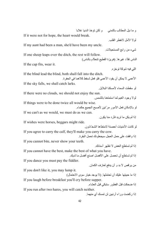 42
‫ﻏﻼﺑﺎ‬ ‫اﻟﺪﻧﯿﺎ‬ ‫ﺗﺆﺧﺬ‬ ‫ﻟﻜﻦ‬ ‫و‬ ‫ﺑﺎﻟﺘﻤﻨﻲ‬ ‫اﻟﻤﻄﺎﻟﺐ‬ ‫ﻧﯿﻞ‬ ‫ﻣﺎ‬ ‫و‬
If it were not for hope, the heart would break.
‫اﻟﻘﻠﺐ‬ ‫ﻻﻧﻔﻄﺮ‬ ‫اﻷﻣﻞ‬ ‫ﻟﻮﻻ‬.
If my aunt had been a man, she'd have been my uncle.
‫اﻟﻤﺴﺘﺤﯿﻼت‬ ‫راﺑﻊ‬ ‫ﻣﻦ‬ ‫ﺷﻲء‬.
If one sheep leaps over the ditch, the rest will follow.
‫ﻏﯿﺮھﺎ‬ ‫ّﺪ‬ ‫ﺗﻘﻠ‬ ‫اﻟﻨﺎس‬) .‫ﺑﺎﻟﻨﺎس‬ ‫ّﻢ‬‫ﺗﺘﺤﻜ‬ ‫اﻟﻘﻄﯿﻊ‬ ‫ﻏﺮﯾﺰة‬(
If the cap fits, wear it.
‫ﺷﻮﻛﺔ‬ ‫ﻓﯿﮫ‬ ‫اﻟﻠﻲ‬‫ﺗﻮﺧﺰه‬.
If the blind lead the blind, both shall fall into the ditch.
‫اﻟﺤﻔﺮة‬ ‫ﻓﻲ‬ ‫ﻛﻼھﻤﺎ‬ ‫ﻟﺴﻘﻂ‬ ‫ﻓﻌﻞ‬ ‫ﻓﻠﻮ‬ ‫اﻷﻋﻤﻰ‬ ‫ﯾﻘﻮد‬ ‫أن‬ ‫ﯾﻤﻜﻦ‬ ‫ﻻ‬ ‫اﻷﻋﻤﻰ‬.
If the sky falls, we shall catch larks.
‫اﻟﺒﻼﺑﻞ‬ ‫ﻷﻣﺴﻜﻨﺎ‬ ‫اﻟﺴﻤﺎء‬ ‫ﺳﻘﻄﺖ‬ ‫ﻟﻮ‬.
If there were no clouds, we should not enjoy the sun.
‫ﺑﺎﻟﺸﻤﺲ‬ ‫اﺳﺘﻤﺘﻌﻨﺎ‬ ‫ﻟﻤﺎ‬ ‫اﻟﻐﯿﻢ‬ ‫وﺟﻮد‬ ‫ﻟﻮﻻ‬.
If things were to be done twice all would be wise.
‫ﺣﻜﻤﺎء‬ ‫اﻟﺠﻤﯿﻊ‬ ‫ﻷﺻﺒﺢ‬ ‫ﺗﯿﻦ‬ّ‫ﺮ‬‫ﻣ‬ ‫اﻷﻣﻮر‬ ‫ﻓﻌﻞ‬ ‫ﺑﺎﻹﻣﻜﺎن‬ ‫ﻟﻮ‬.
If we can't as we would, we must do as we can.
‫ﯾﻜﻮن‬ ‫ﻣﻨﺎ‬ ‫ﻓﺄرد‬ ‫ﺗﺮﯾﺪ‬ ‫ﻣﺎ‬ ‫ﯾﻜﻦ‬ ‫ﻟﻢ‬ ‫إذا‬.
If wishes were horses, beggars might ride.
‫ّﺎذون‬‫ﺤ‬‫اﻟﺸ‬ ‫ﻻﻣﺘﻄﺎھﺎ‬ ‫أﺣﺼﻨﺔ‬ ‫اﻷﻣﻨﯿﺎت‬ ‫ﻛﺎﻧﺖ‬ ‫ﻟﻮ‬.
If you agree to carry the calf, they'll make you carry the cow.
‫ﺳﯿﺠﻌﻠﻮﻧ‬ ‫اﻟﻌﺠﻞ‬ ‫ﺣﻤﻞ‬ ‫ﻋﻠﻰ‬ ‫واﻓﻘﺖ‬ ‫إذا‬‫اﻟﺒﻘﺮة‬ ‫ﺗﺤﻤﻞ‬ ‫ﻚ‬.
If you cannot bite, never show your teeth.
‫أﺳﻨﺎﻧﻚ‬ ‫ﺗﻈﮭﺮ‬ ‫ﻻ‬ ‫اﻟﻌﺾ‬ ‫ﺗﺴﺘﻄﻊ‬ ‫ﻟﻢ‬ ‫إذا‬.
If you cannot have the best, make the best of what you have.
‫ﻟﺪﯾﻚ‬ ‫ﻣﺎ‬ ‫أﻓﻀﻞ‬ ‫اﺻﻨﻊ‬ ‫اﻷﻓﻀﻞ‬ ‫ﻋﻠﻰ‬ ‫ﺗﺤﺼﻞ‬ ‫أن‬ ‫ﺗﺴﺘﻄﻊ‬ ‫ﻟﻢ‬ ‫إذا‬.
If you dance you must pay the fiddler.
‫ﺑﺪ‬ ‫ﻻ‬ ‫ﯾﺮﻗﺺ‬ ‫ﻣﻦ‬‫اﻟﻜﻤﺎن‬ ‫ﻟﻌﺎزف‬ ‫ﯾﺪﻓﻊ‬ ‫أن‬ ‫و‬.
If you don't like it, you may lump it.
‫ﺗﺤﺘﻤﻠﮭﺎ‬ ‫أن‬ ‫ﻋﻠﯿﻚ‬ ‫ﺣﺒﯿﺘﮭﺎ‬ ‫ﻣﺎ‬ ‫إذا‬) .‫ﯾﻮﺟ‬ ‫ﻻ‬‫ﺪ‬‫اﻻﺣﺘﻤﺎل‬ ‫ﺳﻮى‬ ‫ﺧﯿﺎر‬(
If you laugh before breakfast you'll cry before supper.
‫اﻟﻌﺸﺎء‬ ‫ﻗﺒﻞ‬ ‫ﺳﺘﺒﻜﻲ‬ ‫اﻟﻔﻄﻮر‬ ‫ﻗﺒﻞ‬ ‫ﺿﺤﻜﺖ‬ ‫إذا‬.
If you run after two hares, you will catch neither.
‫ﻣﻨﮭﻤﺎ‬ ‫أي‬ ‫ﺗﻤﺴﻚ‬ ‫ﻟﻦ‬ ‫أرﻧﺒﯿﻦ‬ ‫وراء‬ ‫رﻛﻀﺖ‬ ‫إذا‬.
 