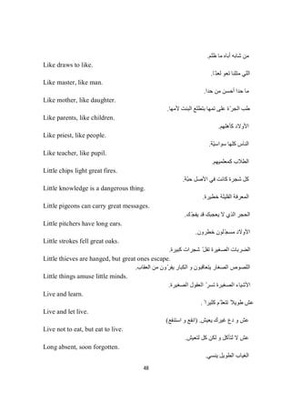 48
‫ظﻠﻢ‬ ‫ﻣﺎ‬ ‫أﺑﺎه‬ ‫ﺷﺎﺑﮫ‬ ‫ﻣﻦ‬.
Like draws to like.
‫ّﺎ‬‫ﻟﻌﻨ‬ ‫ﺗﻌﻮ‬ ‫ﻣﺘﻠﻨﺎ‬ ‫اﻟﻠﻲ‬.
Like master, like man.
‫ﺣﺪا‬ ‫ﻣﻦ‬ ‫أﺣﺴﻦ‬ ‫ﺣﺪا‬ ‫ﻣﺎ‬.
Like mother, like daughter.
‫ﻷﻣﮭﺎ‬ ‫اﻟﺒﻨﺖ‬ ‫ﺑﺘﻄﻠﻊ‬ ‫ﺗﻤﮭﺎ‬ ‫ﻋﻠﻰ‬ ‫ّة‬‫ﺮ‬‫اﻟﺠ‬ ‫طﺐ‬.
Like parents, like children.
‫ﻛﺄھﻠﮭﻢ‬ ‫اﻷوﻻد‬.
Like priest, like people.
‫ّﺔ‬‫ﯿ‬‫ﺳﻮاﺳ‬ ‫ﻛﻠﮭﺎ‬ ‫اﻟﻨﺎس‬.
Like teacher, like pupil.
‫اﻟﻄﻼب‬‫ﻛﻤﻌﻠﻤﯿﮭﻢ‬.
Little chips light great fires.
‫ّﺔ‬‫ﺒ‬‫ﺣ‬ ‫اﻷﺻﻞ‬ ‫ﻓﻲ‬ ‫ﻛﺎﻧﺖ‬ ‫ﺷﺠﺮة‬ ‫ﻛﻞ‬.
Little knowledge is a dangerous thing.
‫ﺧﻄﯿﺮة‬ ‫اﻟﻘﻠﯿﻠﺔ‬ ‫اﻟﻤﻌﺮﻓﺔ‬.
Little pigeons can carry great messages.
‫ﻚ‬ّ‫ﺠ‬‫ﯾﻔ‬ ‫ﻗﺪ‬ ‫ﯾﻌﺠﺒﻚ‬ ‫ﻻ‬ ‫اﻟﺬي‬ ‫اﻟﺤﺠﺮ‬.
Little pitchers have long ears.
‫ﺧﻄﺮ‬ ‫ّﻠﻮن‬‫ﺠ‬‫ﻣﺴ‬ ‫اﻷوﻻد‬‫ون‬.
Little strokes fell great oaks.
‫ﻛﺒﯿﺮة‬ ‫ﺷﺠﺮات‬ ّ‫ﺗﻔﻞ‬ ‫اﻟﺼﻐﯿﺮة‬ ‫اﻟﻀﺮﺑﺎت‬.
Little thieves are hanged, but great ones escape.
‫اﻟﻌﻘﺎب‬ ‫ﻣﻦ‬ ‫ون‬ّ‫ﺮ‬‫ﯾﻔ‬ ‫اﻟﻜﺒﺎر‬ ‫و‬ ‫ﯾﺘﻌﺎﻗﺒﻮن‬ ‫اﻟﺼﻐﺎر‬ ‫اﻟﻠﺼﻮص‬.
Little things amuse little minds.
‫اﻟﺼﻐﯿﺮة‬ ‫اﻟﻌﻘﻮل‬ ّ‫ﺗﺴﺮ‬ ‫اﻟﺼﻐﯿﺮة‬ ‫اﻷﺷﯿﺎء‬.
Live and learn.
ً ‫ﻛﺜﯿﺮا‬ ‫ّﻢ‬ ‫ﺗﺘﻌﻠ‬ ً‫طﻮﯾﻼ‬ ‫ﻋﺶ‬.
Live and let live.
‫ﯾﻌﯿﺶ‬ ‫ﻏﯿﺮك‬ ‫دع‬ ‫و‬ ‫ﻋﺶ‬) .‫اﺳﺘﻨﻔﻊ‬ ‫و‬ ‫اﻧﻔﻊ‬(
Live not to eat, but eat to live.
‫ﻟﺘﻌﯿﺶ‬ ‫ﻛﻞ‬ ‫ﻟﻜﻦ‬ ‫و‬ ‫ﻟﺘﺄﻛﻞ‬ ‫ﻻ‬ ‫ﻋﺶ‬.
Long absent, soon forgotten.
‫ﯾﻨﺴﻲ‬ ‫اﻟﻄﻮﯾﻞ‬ ‫اﻟﻐﯿﺎب‬.
 