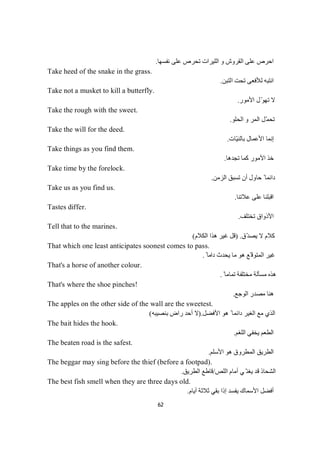 62
‫ﻧﻔﺴﮭﺎ‬ ‫ﻋﻠﻰ‬ ‫ﺗﺤﺮص‬ ‫اﻟﻠﯿﺮات‬ ‫و‬ ‫اﻟﻘﺮوش‬ ‫ﻋﻠﻰ‬ ‫اﺣﺮص‬.
Take heed of the snake in the grass.
‫اﻟﺘﺒﻦ‬ ‫ﺗﺤﺖ‬ ‫ﻟﻸﻓﻌﻰ‬ ‫اﻧﺘﺒﮫ‬.
Take not a musket to kill a butterfly.
‫اﻷﻣﻮر‬ ‫ل‬ّ‫ﻮ‬‫ﺗﮭ‬ ‫ﻻ‬.
Take the rough with the sweet.
‫اﻟﺤﻠﻮ‬ ‫و‬ ‫اﻟﻤﺮ‬ ‫ّﻞ‬‫ﻤ‬‫ﺗﺤ‬.
Take the will for the deed.
‫ّﺎت‬‫ﯿ‬‫ﺑﺎﻟﻨ‬ ‫اﻷﻋﻤﺎل‬ ‫إﻧﻤﺎ‬.
Take things as you find them.
‫ﺗﺠﺪھﺎ‬ ‫ﻛﻤﺎ‬ ‫اﻷﻣﻮر‬ ‫ﺧﺬ‬.
Take time by the forelock.
‫اﻟﺰﻣﻦ‬ ‫ﺗﺴﺒﻖ‬ ‫أن‬ ‫ﺣﺎول‬ ً ‫داﺋﻤﺎ‬.
Take us as you find us.
‫ﻋﻼﺗﻨﺎ‬ ‫ﻋﻠﻰ‬ ‫اﻗﺒﻠﻨﺎ‬.
Tastes differ.
‫ﺗﺨﺘﻠﻒ‬ ‫اﻷذواق‬.
Tell that to the marines.
‫ّق‬‫ﺪ‬‫ﯾﺼ‬ ‫ﻻ‬ ‫ﻛﻼم‬.)‫اﻟﻜﻼم‬ ‫ھﺬا‬ ‫ﻏﯿﺮ‬ ‫ﻗﻞ‬(
That which one least anticipates soonest comes to pass.
‫دا‬ ‫ﯾﺤﺪث‬ ‫ﻣﺎ‬ ‫ھﻮ‬ ‫ّﻊ‬ ‫اﻟﻤﺘﻮﻗ‬ ‫ﻏﯿﺮ‬ً‫ﺎ‬‫ﻤ‬.
That's a horse of another colour.
ً ‫ﺗﻤﺎﻣﺎ‬ ‫ﻣﺨﺘﻠﻔﺔ‬ ‫ﻣﺴﺄﻟﺔ‬ ‫ھﺬه‬.
That's where the shoe pinches!
‫اﻟﻮﺟﻊ‬ ‫ﻣﺼﺪر‬ ‫ھﻨﺎ‬.
The apples on the other side of the wall are the sweetest.
‫اﻷﻓﻀﻞ‬ ‫ھﻮ‬ ً ‫داﺋﻤﺎ‬ ‫اﻟﻐﯿﺮ‬ ‫ﻣﻊ‬ ‫اﻟﺬي‬).‫ﺑﻨﺼﯿﺒﮫ‬ ‫راض‬ ‫أﺣﺪ‬ ‫ﻻ‬(
The bait hides the hook.
‫ﯾﺨﻔ‬ ‫اﻟﻄﻌﻢ‬‫اﻟﻠﻐﻢ‬ ‫ﻲ‬.
The beaten road is the safest.
‫اﻷﺳﻠﻢ‬ ‫ھﻮ‬ ‫اﻟﻤﻄﺮوق‬ ‫اﻟﻄﺮﯾﻖ‬.
The beggar may sing before the thief (before a footpad).
ّ‫ﯾﻐﻨ‬ ‫ﻗﺪ‬ ‫اﻟﺸﺤﺎذ‬‫اﻟﻠﺺ‬ ‫أﻣﺎم‬ ‫ﻲ‬/‫اﻟﻄﺮﯾﻖ‬ ‫ﻗﺎطﻊ‬.
The best fish smell when they are three days old.
‫أﯾﺎم‬ ‫ﺛﻼﺛﺔ‬ ‫ﺑﻘﻲ‬ ‫إذا‬ ‫ﯾﻔﺴﺪ‬ ‫اﻷﺳﻤﺎك‬ ‫أﻓﻀﻞ‬.
 