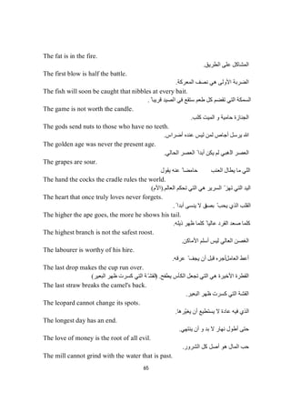 65
The fat is in the fire.
‫اﻟﻄﺮﯾﻖ‬ ‫ﻋﻠﻰ‬ ‫اﻟﻤﺸﺎﻛﻞ‬.
The first blow is half the battle.
‫اﻟﻤﻌﺮﻛﺔ‬ ‫ﻧﺼﻒ‬ ‫ھﻲ‬ ‫اﻷوﻟﻰ‬ ‫اﻟﻀﺮﺑﺔ‬.
The fish will soon be caught that nibbles at every bait.
ً ‫ﻗﺮﯾﺒﺎ‬ ‫اﻟﺼﯿﺪ‬ ‫ﻓﻲ‬ ‫ﺳﺘﻘﻊ‬ ‫طﻌﻢ‬ ‫ﻛﻞ‬ ‫ﺗﻘﻀﻢ‬ ‫اﻟﺘﻲ‬ ‫اﻟﺴﻤﻜﺔ‬.
The game is not worth the candle.
‫ﻛﻠﺐ‬ ‫اﻟﻤﯿﺖ‬ ‫و‬ ‫ﺣﺎﻣﯿﺔ‬ ‫اﻟﺠﻨﺎزة‬.
The gods send nuts to those who have no teeth.
‫أﺿﺮاس‬ ‫ﻋﻨﺪه‬ ‫ﻟﯿﺲ‬ ‫ﻟﻤﻦ‬ ‫أﺟﺎص‬ ‫ﯾﺮﺳﻞ‬ ‫ﷲ‬.
The golden age was never the present age.
‫اﻟ‬ ‫اﻟﻌﺼﺮ‬‫اﻟﺤﺎﻟﻲ‬ ‫اﻟﻌﺼﺮ‬ ً ‫أﺑﺪا‬ ‫ﯾﻜﻦ‬ ‫ﻟﻢ‬ ‫ﺬھﺒﻲ‬.
The grapes are sour.
‫ﯾﻘﻮل‬ ‫ﻋﻨﮫ‬ ً ‫ﺣﺎﻣﻀﺎ‬ ‫اﻟﻌﻨﺐ‬ ‫ﯾﻄﺎل‬ ‫ﻣﺎ‬ ‫اﻟﻠﻲ‬
The hand the cocks the cradle rules the world.
‫اﻟﻌﺎﻟﻢ‬ ‫ﺗﺤﻜﻢ‬ ‫اﻟﺘﻲ‬ ‫ھﻲ‬ ‫اﻟﺴﺮﯾﺮ‬ ّ ‫ﺗﮭﺰ‬ ‫اﻟﺘﻲ‬ ‫اﻟﯿﺪ‬).‫اﻷم‬(
The heart that once truly loves never forgets.
‫ﺑﺼ‬ ّ‫ﯾﺤﺐ‬ ‫اﻟﺬي‬ ‫اﻟﻘﻠﺐ‬‫ﺪ‬ً ‫أﺑﺪا‬ ‫ﯾﻨﺴﻰ‬ ‫ﻻ‬ ‫ق‬.
The higher the ape goes, the more he shows his tail.
‫ذﯾﻠﮫ‬ ‫ظﮭﺮ‬ ‫ﻛﻠﻤﺎ‬ ً ‫ﻋﺎﻟﯿﺎ‬ ‫اﻟﻘﺮد‬ ‫ﺻﻌﺪ‬ ‫ﻛﻠﻤﺎ‬.
The highest branch is not the safest roost.
‫اﻷﻣﺎﻛﻦ‬ ‫أﺳﻠﻢ‬ ‫ﻟﯿﺲ‬ ‫اﻟﻌﺎﻟﻲ‬ ‫اﻟﻐﺼﻦ‬.
The labourer is worthy of his hire.
‫اﻟﻌﺎ‬ ‫أﻋﻂ‬‫ﻣ‬‫ﻞ‬‫ﻋﺮﻗﮫ‬ ّ ‫ﯾﺠﻒ‬ ‫أن‬ ‫ﻗﺒﻞ‬ ‫أﺟﺮه‬.
The last drop makes the cup run over.
‫ﯾﻄﻔﺢ‬ ‫اﻟﻜﺄس‬ ‫ﺗﺠﻌﻞ‬ ‫اﻟﺘﻲ‬ ‫ھﻲ‬ ‫اﻷﺧﯿﺮة‬ ‫اﻟﻘﻄﺮة‬) .‫اﻟﺒﻌﯿﺮ‬ ‫ظﮭﺮ‬ ‫ﻛﺴﺮت‬ ‫اﻟﺘﻲ‬ ‫ﺔ‬ّ‫اﻟﻘﺸ‬(
The last straw breaks the camel's back.
‫اﻟﺒﻌﯿﺮ‬ ‫ظﮭﺮ‬ ‫ﻛﺴﺮت‬ ‫اﻟﺘﻲ‬ ‫اﻟﻘﺸﺔ‬.
The leopard cannot change its spots.
‫ّﺮھﺎ‬‫ﯿ‬‫ﯾﻐ‬ ‫أن‬ ‫ﯾﺴﺘﻄﯿﻊ‬ ‫ﻻ‬ ‫ﻋﺎدة‬ ‫ﻓﯿﮫ‬ ‫اﻟﺬي‬.
The longest day has an end.
‫ﯾﻨﺘﮭﻲ‬ ‫أن‬ ‫و‬ ‫ﺑﺪ‬ ‫ﻻ‬ ‫ﻧﮭﺎر‬ ‫أطﻮل‬ ‫ﺣﺘﻰ‬.
The love of money is the root of all evil.
‫اﻟﺸﺮور‬ ‫ﻛﻞ‬ ‫أﺻﻞ‬ ‫ھﻮ‬ ‫اﻟﻤﺎل‬ ‫ﺣﺐ‬.
The mill cannot grind with the water that is past.
 