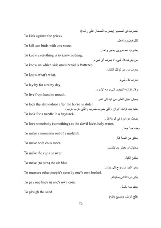 73
‫اﻟﺼﻤﯿﻢ‬ ‫ﻓﻲ‬ ‫ﯾﻀﺮب‬) .‫رأﺳﮫ‬ ‫ﻋﻠﻰ‬ ‫اﻟﻤﺴﻤﺎر‬ ‫ﯾﻀﺮب‬(
To kick against the pricks.
‫ﻓﻌﻞ‬ ‫ردة‬ ‫ﻓﻌﻞ‬ ‫ﻟﻜﻞ‬.
To kill two birds with one stone.
‫واﺣﺪ‬ ‫ﺑﺤﺠﺮ‬ ‫ﻋﺼﻔﻮرﯾﻦ‬ ‫ﯾﻀﺮب‬.
To know everything is to know nothing.
‫ﺷﻲء‬ ‫أي‬ ‫ﯾﻌﺮف‬ ‫ﻻ‬ ‫ﺷﻲء‬ ‫ﻛﻞ‬ ‫ﯾﻌﺮف‬ ‫ﻣﻦ‬.
To know on which side one's bread is buttered.
‫ﯾﻌﺮف‬‫ﻦ‬‫ﻣ‬‫اﻟﻜﺘﻒ‬ ‫ﺗﺆﻛﻞ‬ ‫أﯾﻦ‬.
To know what's what.
‫ﺷﻲء‬ ‫ﻛﻞ‬ ‫ﯾﻌﺮف‬.
To lay by for a rainy day.
‫اﻷﺳﻮد‬ ‫ﯾﻮﻣﮫ‬ ‫إﻟﻰ‬ ‫اﻷﺑﯿﺾ‬ ‫ﻗﺮﺷﮫ‬ ‫ّﺮ‬ ‫ﯾﻮﻓ‬.
To live from hand to mouth.
‫اﻟﻔﻢ‬ ‫إﻟﻰ‬ ‫اﻟﯿﺪ‬ ‫ﻣﻦ‬ ‫اﻟﻄﯿﺮ‬ ‫ﻋﯿﺶ‬ ‫ﯾﻌﯿﺶ‬.
To lock the stable-door after the horse is stolen.
‫اﻷوان‬ ‫ﻓﻮات‬ ‫ﺑﻌﺪ‬ ‫ﯾﻨﺘﺒﮫ‬.)‫ھﺮب‬ ‫ھﺮب‬ ‫اﻟﻠﻲ‬ ‫و‬ ‫ﺿﺮب‬ ‫ﺿﺮب‬ ‫اﻟﻠﻲ‬(
To look for a needle in a haystack.
‫ﻗﺶ‬ ‫ﻛﻮﻣﺔ‬ ‫ﻓﻲ‬ ‫إﺑﺮة‬ ‫ﻋﻦ‬ ‫ﯾﺒﺤﺚ‬.
To love somebody (something) as the devil loves holy water.
ً ‫ﺟﻤﺎ‬ ً ‫ﺣﺒﺎ‬ ‫ّﮫ‬‫ﺒ‬‫ﯾﺤ‬.
To make a mountain out of a molehill.
‫ّﺔ‬‫ﺒ‬‫ﻗ‬ ‫اﻟﺤﺒﺔ‬ ‫ﻣﻦ‬ ‫ﯾﺨﻠﻖ‬.
To make both ends meet.
‫ﯾﻜﺴﺐ‬ ‫ﺑﻤﺎ‬ ‫ﯾﻌﯿﺶ‬ ‫أن‬ ‫ﯾﺤﺎول‬.
To make the cup run over.
‫اﻟﻜﯿﻞ‬ ‫ﯾﻄﻔﺢ‬.
To make (to turn) the air blue.
‫ﺣﺰن‬ ‫إﻟﻰ‬ ‫ﻓﺮح‬ ‫ﻣﻦ‬ ‫اﻟﺠﻮ‬ ‫ﯾﻐﯿﺮ‬.
To measure other people's corn by one's own bushel.
‫ﺑﻤﻜﯿﺎﻟﮫ‬ ‫اﻟﻨﺎس‬ ‫ذرة‬ ‫ﯾﻜﯿﻞ‬.
To pay one back in one's own coin.
‫ﻣ‬ ‫ﯾﻨﺘﻘﻢ‬‫ﺑﺎﻟﻤﺜﻞ‬ ‫ﻨﮫ‬.
To plough the sand.
‫اﻟﺮﻣﻞ‬ ‫ﯾﻔﻠﺢ‬) .‫وﻗﺘﮫ‬ ‫ﯾﻀﯿﻊ‬(
 