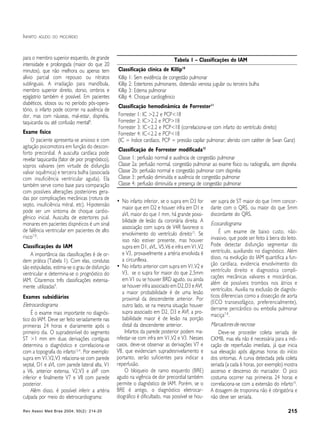 Rev Assoc Med Bras 2004; 50(2): 214-20 215
INFARTO AGUDO DO MIOCÁRDIO
para o membro superior esquerdo, de grande
intensidade e prolongada (maior do que 20
minutos), que não melhora ou apenas tem
alívio parcial com repouso ou nitratos
sublinguais. A irradiação para mandíbula,
membro superior direito, dorso, ombros e
epigástrio também é possível. Em pacientes
diabéticos, idosos ou no período pós-opera-
tório, o infarto pode ocorrer na ausência de
dor, mas com náuseas, mal-estar, dispnéia,
taquicardia ou até confusão mental8
.
Exame físico
O paciente apresenta-se ansioso e com
agitação psicomotora em função do descon-
forto precordial. A ausculta cardíaca pode
revelar taquicardia (fator de pior prognóstico),
sopros valvares (em virtude de disfunção
valvar isquêmica) e terceira bulha (associada
com insuficiência ventricular aguda). Ela
também serve como base para comparação
com possíveis alterações posteriores gera-
das por complicações mecânicas (rotura de
septo, insuficiência mitral, etc). Hipotensão
pode ser um sintoma de choque cardio-
gênico inicial. Ausculta de estertores pul-
monares em pacientes dispnéicos é um sinal
de falência ventricular em pacientes de alto
risco7,8
.
Classificações do IAM
A importância das classificações é de or-
dem prática (Tabela 1). Com elas, condutas
são estipuladas, estima-se o grau de disfunção
ventricular e determina-se o prognóstico do
IAM. Citaremos três classificações extensa-
mente utilizadas9
.
Exames subsidiários
Eletrocardiograma
É o exame mais importante no diagnós-
tico do IAM. Deve ser feito seriadamente nas
primeiras 24 horas e diariamente após o
primeiro dia. O supradesnível do segmento
ST >1 mm em duas derivações contíguas
determina o diagnóstico e correlaciona-se
com a topografia do infarto13,4
. Por exemplo:
supra em V1,V2,V3 relaciona-se com parede
septal, D1 e aVL com parede lateral alta, V1
a V6, anterior extensa, V2,V3 e aVF com
inferior e finalmente V7 e V8 com parede
posterior.
Além disso, é possível inferir a artéria
culpada por meio do eletrocardiograma:
• No infarto inferior, se o supra em D3 for
maior que em D2 e houver infra em D1 e
aVL maior do que 1 mm, há grande possi-
bilidade de lesão da coronária direita. A
associação com supra de V4R favorece o
envolvimento do ventrículo direito15
. Se
isso não estiver presente, mas houver
supra em D1, aVL, V5,V6 e infra em V1,V2
e V3, provavelmente a artéria envolvida é
a circunflexa.
• No infarto anterior com supra em V1,V2 e
V3, se o supra for maior do que 2,5mm
em V1 ou se houver BRD agudo, ou ainda
se houver infra associado em D2,D3 e AVf,
a maior probabilidade é de uma lesão
proximal da descendente anterior. Por
outro lado, se na mesma situação houver
supra associado em D2, D3 e AVf, a pro-
babilidade maior é de lesão na porção
distal da descendente anterior.
Infartos da parede posterior podem ma-
nifestar-se com infra em V1,V2 e V3. Nesses
casos, deve-se observar as derivações V7 e
V8, que evidenciam supradesnivelamento e
portanto, serão suficientes para indicar a
reperfusão.
O bloqueio de ramo esquerdo (BRE)
agudo na vigência de dor precordial também
permite o diagnóstico de IAM. Porém, se o
BRE é antigo, o diagnóstico eletrocar-
diográfico é dificultado, mas possível se hou-
ver supra de ST maior do que 1mm concor-
dante com o QRS, ou maior do que 5mm
discordante do QRS.
Ecocardiograma
É um exame de baixo custo, não-
invasivo, que pode ser feito à beira do leito.
Pode detectar disfunção segmentar do
ventrículo, auxiliando no diagnóstico. Além
disso, na evolução do IAM quantifica a fun-
ção cardíaca, evidencia envolvimento do
ventrículo direito e diagnostica compli-
cações mecânicas valvares e miocárdicas,
além de possíveis trombos nos átrios e
ventrículos. Auxilia na exclusão de diagnós-
ticos diferenciais como a dissecção de aorta
(ECO transesofágico, preferencialmente),
derrame pericárdico ou embolia pulmonar
maciça7,8
.
Marcadoresde necrose
Deve-se proceder coleta seriada de
CKMB, mas ela não é necessária para a indi-
cação de reperfusão imediata, já que inicia
sua elevação após algumas horas do início
dos sintomas. A curva detectada pela coleta
seriada (a cada 6 horas, por exemplo) mostra
ascenso e descenso do marcador. O pico
costuma ocorrer nas primeiras 24 horas e
correlaciona-se com a extensão do infarto16
.
A dosagem de troponina não é obrigatória e
não deve ser seriada.
Tabela 1 – Classificações do IAM
Classificação clínica de Killip10
Killip 1: Sem evidência de congestão pulmonar
Killip 2: Estertores pulmonares, distensão venosa jugular ou terceira bulha
Killip 3: Edema pulmonar
Killip 4: Choque cardiogênico
Classificação hemodinâmica de Forrester11
Forrester 1: IC >2.2 e PCP<18
Forrester 2: IC>2.2 e PCP>18
Forrester 3: IC<2.2 e PCP<18 (correlaciona-se com infarto do ventrículo direito)
Forrester 4: IC<2.2 e PCP<18
(IC = índice cardíaco, PCP = pressão capilar pulmonar; aferido com catéter de Swan Ganz)
Classificação de Forrester modificada12
Classe 1: perfusão normal e ausência de congestão pulmonar
Classe 2a: perfusão normal, congestão pulmonar ao exame físico ou radiografia, sem dispnéia
Classe 2b: perfusão normal e congestão pulmonar com dispnéia
Classe 3: perfusão diminuída e ausência de congestão pulmonar
Classe 4: perfusão diminuída e presença de congestão pulmonar
 