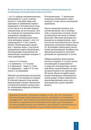 7
Дорогие дачники, охотники, рыбаки, и все, все, все! Помните,
болезнь проще предупредить (сделать прививку от клещевого
энцефалита), чем лечить её. В настоящее время международные
эксперты и правительства большинства стран рассматривают
вакцинопрофилактику как наиболее доступный и экономически
выгодный способ защиты и укрепления здоровья нации.
В зависимости от производства вакцины (отечественная или
импортная) иммунизация может состоять:
• из 2-х курсов внутримышеных
инъекций по 1 дозе с интер-
валом в 7 месяцев. Курс вак-
цинации (2 прививки) можно
проводить в течение всего года,
в том числе и в летний период
(эпидсезон), но не позднее, чем
за 2 недели до посещения очага
клещевого энцефалита.
Наиболее оптимальным явля-
ется интервал между 1-й и 2-й
прививками 5-7 мес. (осень-
весна). Ревакцинацию прово-
дят 1-кратно через 1 год после
завершения курса вакцинации.
Последующие отдаленные ре-
вакцинации проводят каждые 3
года однократно.
• или из в 3 этапов:
1-я прививка – в 1-й день
2-я прививка – через 1-3 мес.
3-я прививка – через 9-12 мес.
после 2-й прививки.
Обычно вакцинацию назначают
детям с 12-ти месяцев и старше.
В течение первого года жизни
вакцинацию следует проводить
в исключительных случаях рис-
ка заражения вирусом клещево-
го энцефалита.
Ревакцинация – 1 инъекция
вакцины необходима через
каждые 3 года после последней
прививки.
После введения вакцин, как
отечественной, так и импорт-
ной, в отдельных случаях могут
развиваться местные и общие
реакции. Местные реакции вы-
ражаются в покраснении, при-
пухлости, болезненности в месте
введения, развитии инфильтра-
та. Возможно небольшое увели-
чение регионарных лимфоузлов.
Продолжительность местных
реакций не превышает 3 суток.
Общие реакции могут разви-
ваться в первые 2-е суток после
вакцинации и выражаются
в подъеме температуры, голов-
ной боли, недомогании, их про-
должительность не превышает
48 часов. После второй вакци-
нации лихорадка наблюдается
очень редко, может появляться
кратковременная сыпь, соп-
ровождаемая зудом (крайне
редко).
 