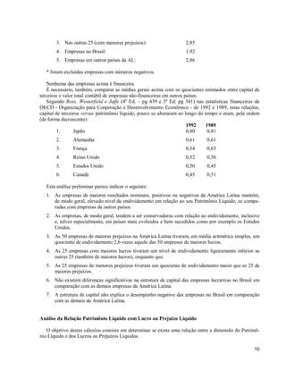 10
3. Nas outras 25 (com menores prejuízos): 2,85
4. Empresas no Brasil: 1,92
5. Empresas em outros países da AL: 2,86
* foram excluídas empresas com números negativos.
Nenhuma das empresas acima é financeira.
É necessário, também, comparar as médias gerais acima com os quocientes estimados entre capital de
terceiros e valor total contábil de empresas não-financeiras em outros países.
Segundo Ross, Westerfield e Jaffe (4º Ed. – pg 439 e 3º Ed. pg 341) nas estatísticas financeiras da
OECD - Organização para Cooperação e Desenvolvimento Econômico - de 1992 e 1989, estas relações,
capital de terceiros versus patrimônio líquido, pouco se alteraram ao longo do tempo e eram, pela ordem
(de forma decrescente):
1992 1989
1. Japão 0,80 0,81
2. Alemanha 0,61 0,61
3. França 0,54 0,63
4. Reino Unido 0,52 0,56
5. Estados Unido 0,50 0,45
6. Canadá 0,45 0,51
Esta análise preliminar parece indicar o seguinte:
1. As empresas de maiores resultados nominais, positivos ou negativos da América Latina mantém,
de modo geral, elevado nível de endividamento em relação ao seu Patrimônio Líquido, se compa-
radas com empresas de outros países.
2. As empresas, de modo geral, tendem a ser conservadoras com relação ao endividamento, inclusive
e, talvez especialmente, em países mais evoluídos e bem sucedidos como por exemplo os Estados
Unidos.
3. As 50 empresas de maiores prejuízos na América Latina tiveram, em média aritmética simples, um
quociente de endividamento 2,6 vezes aquele das 50 empresas de maiores lucros.
4. As 25 empresas com maiores lucros tiveram um nível de endividamento ligeiramente inferior as
outras 25 (também de maiores lucros), enquanto que.
5. As 25 empresas de menores prejuízos tiveram um quociente de endividamento maior que as 25 de
maiores prejuízos.
6. Não existem diferenças significativas na estrutura de capital das empresas lucrativas no Brasil em
comparação com as demais empresas da América Latina.
7. A estrutura de capital não explica o desempenho negativo das empresas no Brasil em comparação
com as demais da América Latina.
Análise da Relação Patrimônio Líquido com Lucro ou Prejuízo Líquido
O objetivo destes cálculos consiste em determinar se existe uma relação entre a dimensão do Patrimô-
nio Líquido e dos Lucros ou Prejuízos Líquidos.
 