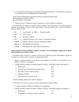 9
2. As taxas de juros não são iguais na tomada e na aplicação de recursos. No empréstimo a taxa de ju-
ros é mais alta e seu nível dependerá essencialmente de:
Taxas de Juros Internacionais agravadas pelo Risco Conjuntural Internacional;
Risco Conjuntural e Político do País;
Risco do Negócio e da Empresa.
3. Políticas Fiscais e Tributárias existem e impactam os Lucros Líquidos da empresas.
As relações das 50 empresas de maiores lucros nominais e das 50 empresas com maiores prejuízos
nominais se encontram no anexo I. Nele, apresentam-se, além da empresa, país e setor de atividade, os
seguintes dados em US$:
S LL ¾ Lucro Líquido ou PrL ¾ Prejuízo Líquido.
S AT ¾ Ativos Totais.
S PL ¾ Patrimônio Líquido.
S CT ¾ Capital de Terceiros (Ativos Totais – Patrimônio Líquido).
S CT/CP ¾ Relação Capital de Terceiros / Patrimônio Líquido.
S Rent % ¾ Rentabilidade do Patrimônio.
S % Exp ¾ Participações das Exportações no Faturamento.
Análise Inicial do Efeito da Relação Capital de Terceiros Versus Patrimônio Líquido sobre o Resul-
tado da Empresas na América Latina
Em primeiro lugar verificou-se a relação existente entre Capital de Terceiro e Patrimônio Líquido nas
50 empresas de maiores lucros nominais. Os dados demonstram:
S Apenas 13 operam no Brasil, 15 no México, 6 na Argentina, 6 no Chile, 2 na Venezuela, 5 na Co-
lômbia, 2 no Peru e 1 no Uruguai.
S A média aritmética simples da relação Capital de Terceiros / Patrimônio Líquido neste grupo é * :
1. Média Geral: 0,82
2. Nas primeiras 25 empresas (de maiores lucros): 0,79
3. Nas outras 25 (com menores lucros): 0,84
4. Empresas no Brasil: 0,97
5. Empresas em outros países da AL: 0,78
* foram excluídas empresas com números negativos.
As 50 empresas de maiores prejuízos nominais apresentam os seguintes dados:
S 37 empresas operam no Brasil, 8 no México e 5 na Argentina.
S A média aritmética simples da relação Capital de Terceiros / Patrimônio Líquido neste grupo é * :
1. Média geral: 2,13
2. Nas primeiras 25 empresas (maiores prejuízos): 1,44
 