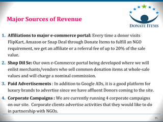 11
1. Affiliations to major e-commerce portal: Every time a donor visits
FlipKart, Amazon or Snap Deal through Donate Items to fulfill an NGO
requirement, we get an affiliate or a referral fee of up to 20% of the sale
value.
2. Shop Dil Se: Our own e-Commerce portal being developed where we will
enlist merchants/vendors who sell common donation items at whole-sale
values and will charge a nominal commission.
3. Paid Advertisements : In addition to Google ADs, it is a good platform for
luxury brands to advertise since we have affluent Donors coming to the site.
4. Corporate Campaigns : We are currently running 4 corporate campaigns
on our site. Corporate clients advertise activities that they would like to do
in partnership with NGOs.
Major Sources of Revenue
 