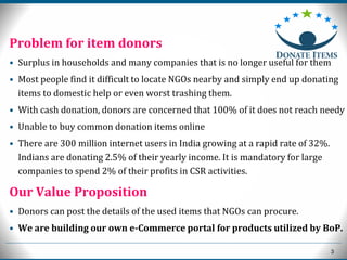 3
Problem for item donors
• Surplus in households and many companies that is no longer useful for them
• Most people find it difficult to locate NGOs nearby and simply end up donating
items to domestic help or even worst trashing them.
• With cash donation, donors are concerned that 100% of it does not reach needy
• Unable to buy common donation items online
• There are 300 million internet users in India growing at a rapid rate of 32%.
Indians are donating 2.5% of their yearly income. It is mandatory for large
companies to spend 2% of their profits in CSR activities.
Our Value Proposition
• Donors can post the details of the used items that NGOs can procure.
• We are building our own e-Commerce portal for products utilized by BoP.
 