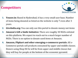 8
1. Yousee.in: Based in Hyderabad, it has a very small user base. Number
of items being donated as listed on the website is only 7 even after 3
years.
2. GiveIndia.org: You can only use this portal to donate money not items
3. Amazon’s Gift a Smile Initiative: There are roughly 30 NGOs enlisted
on this platform. We expect to reach out to a much larger number of
NGOs. There is no option to donate used items at Amazon.
4. Amazon, Flipkart and other emerging e-commerce portals: All e-
Commerce portals sell products consumed by upper and middle classes.
Donors using Shop Dil Se will be from upper and middle classes but
they will buy for people at the bottom of the economic pyramid.
Competitors
 