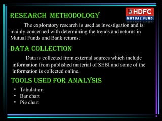 RESEARCH METHODOLOGY
The exploratory research is used as investigation and is
mainly concerned with determining the trends and returns in
Mutual Funds and Bank returns.
DATA COLLECTION
Data is collected from external sources which include
information from published material of SEBI and some of the
information is collected online.
TOOLS USED FOR ANALYSIS
• Tabulation
• Bar chart
• Pie chart
 