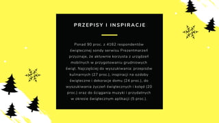 P R Z E P I S Y I I N S P I R A C J E
Ponad 90 proc. z 4162 respondentów
świątecznej sondy serwisu Prezentmarzeń
przyznaje, że aktywnie korzysta z urządzeń
mobilnych w przygotowaniu grudniowych
świąt. Najczęściej do wyszukiwania: przepisów
kulinarnych (27 proc.), inspiracji na ozdoby
świąteczne i dekoracje domu (24 proc.), do
wyszukiwania życzeń świątecznych i kolęd (20
proc.) oraz do ściągania muzyki i przydatnych
w okresie świątecznym aplikacji (5 proc.).
 