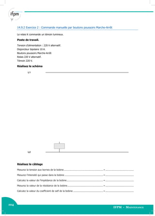 104
IFPM - Maintenance104 Electricité industrielle
14.9.2 Exercice 2 : Commande manuelle par boutons poussoirs Marche-Arrêt
Le relais K commande un témoin lumineux.
Poste de travail.
Tension d’alimentation : 220 V alternatif.
Disjoncteur bipolaire 10 A.
Boutons poussoirs Marche-Arrêt
Relais 220 V alternatif.
Témoin 220 V.
Réalisez le schéma
L2
L1
Réalisez le câblage
Mesurez la tension aux bornes de la bobine......................................................=.......................................
Mesurez l’intensité qui passe dans la bobine .....................................................=.......................................
Calculez la valeur de l’impédance de la bobine..................................................=.......................................
Mesurez la valeur de la résistance de la bobine.................................................=.......................................
Calculez la valeur du coefficient de self de la bobine .........................................=.......................................
 