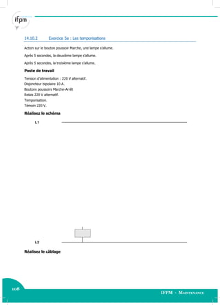 108
IFPM - Maintenance
108 Electricité industrielle
14.10.2 Exercice 5a : Les temporisations
Action sur le bouton poussoir Marche, une lampe s’allume.
Après 5 secondes, la deuxième lampe s’allume.
Après 5 secondes, la troisième lampe s’allume.
Poste de travail
Tension d’alimentation : 220 V alternatif.
Disjoncteur bipolaire 10 A.
Boutons poussoirs Marche-Arrêt
Relais 220 V alternatif.
Temporisation.
Témoin 220 V.
Réalisez le schéma
L2
L1
Réalisez le câblage
 