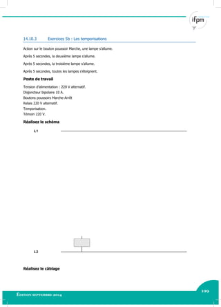 109
Édition septembre 2014 Electricité industrielle 109
14.10.3 Exercices 5b : Les temporisations
Action sur le bouton poussoir Marche, une lampe s’allume.
Après 5 secondes, la deuxième lampe s’allume.
Après 5 secondes, la troisième lampe s’allume.
Après 5 secondes, toutes les lampes s’éteignent.
Poste de travail
Tension d’alimentation : 220 V alternatif.
Disjoncteur bipolaire 10 A.
Boutons poussoirs Marche-Arrêt
Relais 220 V alternatif.
Temporisation.
Témoin 220 V.
Réalisez le schéma
L2
L1
Réalisez le câblage
 