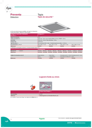 148
IFPM - Maintenance
Autres réalisations : consulter votre agence Schneider Electric.
Preventa
Détection
Tapis
Tapis de sécurité(1)
Accessoires
Catégorie 3Catégorie maximale d'utilisation
(EN 954-1)
Catégorie maximale d'utilisation Catégorie 3
(EN 954-1)
Degré de protection IP 67
Temps de réponse (s) Tapis seul : 20 ms, avec module XPSAK ≤ 40 ms, XPSMP < 30 ms
Sensibilité Tapis seul > 20 kg / Tapis assemblés > 35 kg
Charge maxi 2000 N/cm2
Type de sortie (1) Par connecteur M8 (1 mâle / 1 femelle) déporté par câble L = 100 mm
Encombrement L x P x H 500 x 500 x 11 mm 500 x 750 x 11 mm 750 x 750 x 11 mm 750 x 1250 x 11 mm
Références XY2TP1 XY2TP2 XY2TP3 XY2TP4
(1) Rallonge et prolongateur associés, voir www.schneider-electric.com.
Accessoires
Rails (par 2) Longueur 194 mm 394 mm 444 mm 494 mm 644 mm 694 mm 744 mm 1194 mm 1244 mm
Références XY2TZ10 XY2TZ20 XY2TZ30 XY2TZ40 XY2TZ50 XY2TZ60 XY2TZ70 XY2TZ80 XY2TZ90
Angles et connecteurs de rail Angles extérieurs Angle intérieur Connecteurs de rail L = 56 mm Connecteurs de rail L = 6 mm
(par 4) + angle extérieur avec sortie pour câble (par 2) (par 2)
Références XY2TZ4 XY2TZ5 XY2TZ1 XY2TZ2
(1) Pour une mise en œuvre simpliﬁée, voir l'outil de conﬁguration
“Protect Area design”. Référence: SISCD104200
Logiciel d'aide au choix
Protect Area Design (2)
Pour barrières XY2TP
Référence Téléchargement sur Schneider-Electric.com
(2) Le logiciel "Protect Area Design" est intégré dans SafetySuite V2
14
 
