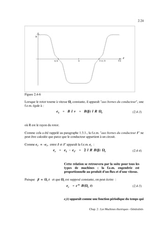 e1 '''' B l v '''' B(β) l R r
er '''' e1 &&&& e1)))) '''' 2 l R B(β) r
er '''' cte
B( r t)
2.24
Chap. 2 : Les Machines électriques - Généralités
Figure 2.4-6
(2.4-3)
(2.4-4)
(2.4-5)
Lorsque le rotor tourne à vitesse constante, il apparaît "aux bornes du conducteur", uner
f.e.m. égale à :
où R est le rayon du rotor.
Comme cela a été rappelé au paragraphe 1.3.1., la f.e.m. "aux bornes du conducteur 1" ne
peut être calculée que parce que le conducteur appartient à un circuit.
Comme e = -e , entre 1 et 1' apparaît la f.e.m. e :1' 1 r
Cette relation se retrouvera par la suite pour tous les
types de machines : la f.e.m. engendrée est
proportionnelle au produit d'un flux et d'une vitesse.
Puisque β = t et que est supposé constante, on peut écrire :r r
e (t) apparaît comme une fonction périodique du temps quir
 