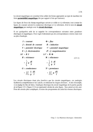 I : courant Φ : flux
J : densité de courant B : induction
V : potentiel électrique ¼ : potentiel magnétique
E : f. électromotrice öööö : f. magnétomotrice
∆V '''' R I ∆¼ '''' UUUU Φ
R : résistance UUUU : réluctance
''''
mmmm
l
0
ρ
dl
S
''''
mmmm
l
0
1
µ
dl
S
G : conductance ---- : perméance
''''
mmmmmmmmS
1
ρ
dS
l
''''
mmmmmmmmS
µ
dS
l
2.36
Chap. 2 : Les Machines électriques - Généralités
(2.5-1)
Le circuit magnétique est constitué d'un solide (de forme appropriée au type de machine) de
forte perméabilité magnétique (fer par rapport à l'air qui l'entoure).
Les lignes de force du champ magnétique suivent ce solide et s'y referment, tout comme les
lignes de courant suivent le conducteur électrique et s'y referment, d'où le nom de circuit
magnétique par analogie avec le circuit électrique.
Il est quelquefois utile de se rappeler les correspondances suivantes entre grandeurs
électriques et magnétiques. Il ne s'agit évidemment pas de correspondances strictes mais tout
au plus d'analogie.
Les circuits électriques étant plus familiers que les circuits magnétiques, ces analogies
facilitent la compréhension et les calculs, et réduisent les risques d'erreurs. A titre d'exemple,
si on néglige les flux de fuites, l'analogue électrique du circuit magnétique de la partie gauche
de la Figure 2.5-3, Figure 2.5-4 est représenté à droite de cette figure. Son calcul est très aisé.
Pour des circuits plus compliqués, il existe des programmes de calcul de réseaux électriques.
 