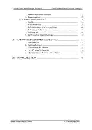Cours Schémas et appareillages électriques Master Commande des systèmes électriques
Centre universitaire de Relizane BENAIRED NOREDDINE
2. Les interrupteurs-sectionneurs .......................................................... 22
3. Les contacteurs ................................................................................. 23
C. APPAREILLAGES DE PROTECTION ....................................................................... 29
1. Fusible .............................................................................................. 29
2. Relais thermique .............................................................................. 35
3. Relais magnétique (électromagnétique) ........................................... 40
4. Relais magnétothermique ................................................................. 41
5. Discontacteurs .................................................................................. 41
6. Le Disjoncteur magnétothermique ................................................... 42
VII ELABORATION DES SCHEMAS ELECTRIQUES ................................................. 51
1. Normalisation ................................................................................... 51
2. Schéma électrique. ............................................................................ 51
3. Classification des schémas ............................................................... 51
4. Identification des éléments .............................................................. 55
5. Repérage des conducteurs sur les schémas ...................................... 61
VIII TRAVAUX PRATIQUES .......................................................................................... 63
 
