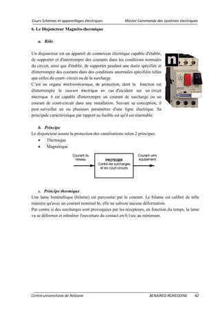 Cours Schémas et appareillages électriques Master Commande des systèmes électriques
Centre universitaire de Relizane BENAIRED NOREDDINE 42
6. Le Disjoncteur Magnéto-thermique
a. Rôle
Un disjoncteur est un appareil de connexion électrique capable d'établir,
de supporter et d'interrompre des courants dans les conditions normales
du circuit, ainsi que d'établir, de supporter pendant une durée spécifiée et
d'interrompre des courants dans des conditions anormales spécifiées telles
que celles du court- circuit ou de la surcharge.
C’est un organe électromécanique, de protection, dont la fonction est
d'interrompre le courant électrique en cas d'incident sur un circuit
électrique. Il est capable d'interrompre un courant de surcharge ou un
courant de court-circuit dans une installation. Suivant sa conception, il
peut surveiller un ou plusieurs paramètres d'une ligne électrique. Sa
principale caractéristique par rapport au fusible est qu'il est réarmable.
b. Principe
Le disjoncteur assure la protection des canalisations selon 2 principes:
• Thermique
• Magnétique
a. Principe thermique
Une lame bimétallique (bilame) est parcourue par le courant. Le bilame est calibré de telle
manière qu'avec un courant nominal In, elle ne subisse aucune déformation.
Par contre si des surcharges sont provoquées par les récepteurs, en fonction du temps, la lame
va se déformer et entraîner l'ouverture du contact en 0,1sec au minimum.
 