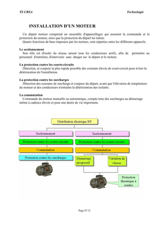 TS CRSA Technologie
Page N°12
INSTALLATION D’UN MOTEUR
Un départ moteur comprend un ensemble d'appareillages qui assurent la commande et la
protection du moteur, ainsi que la protection du départ lui même.
Quatre fonctions de base imposées par les normes, sont réparties entre les différents appareils.
Le sectionnement
Son rôle est d'isoler du réseau amont tous les conducteurs actifs, afin de permettre au
personnel d'entretien, d'intervenir sans danger sur le départ et le moteur.
La protection contre les courts-circuits
Détection, et coupure la plus rapide possible des courants élevés de court-circuit pour éviter la
détérioration de l'installation.
La protection contre les surcharges
Détection des courants de surcharge et coupure du départ, avant que l'élévation de température
du moteur et des conducteurs n'entraîne la détérioration des isolants.
La commutation
Commande du moteur manuelle ou automatique, compte tenu des surcharges au démarrage
même à cadence élevée et pour une durée de vie importante.
 