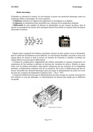 TS CRSA Technologie
Page N°19
1 3 5
2 4 6
95 97
96 98
Relais thermique
Utilisables en alternatif et continu, ils sont destinés à assurer une protection thermique contre les
surcharges faibles et prolongées. Ils sont en général:
• Tripolaires utilisation en triphasé mais également en monophasé et en diphasé.
• Compensés en température donc insensibles aux variations de la température ambiante.
• Différentiels ils sont capables de détecter un déséquilibre ou une coupure de phase, donc la
marche en monophasé du moteur qu'ils protègent (fusion d'un fusible ou coupure d'une des phases
alimentant le moteur).
Chaque relais comprend trois bilames constituées chacune de deux métaux invar et ferronickel,
dont le cœfficient de dilatation est trés différent. Un enroulement chauffant, raccordé en série avec
chaque phase du moteur et dont la section est fonction de l'intensité à contrôler est bobiné sur
chaque bilame et en provoque la déformation.
La bilame de compensation, indépendante des bilames principales et soumise uniquement à la
température de l'air ambiant se déforme en fonction des variations de celle-ci. Montée en oppo-
sition avec les bilames principales, elles-mêmes influencées par les variations de la température
ambiante, sa déformation compense celle de ces dernières. De ce fait, le déplacement que doit ef-
fectuer l'ensemble des éléments thermiques pour provoquer le déclenchement du relais est le mê-
me pour des variations de température comprises entre - 20 et + 70°C.
Le dispositif différentiel provoque le déclenchement du relais lorsque les courants traversant les
trois bilames ne sont pas identiques. Le déclenchement est d'autant plus rapide que la différence
est grande.
 