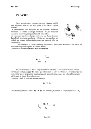 TS CRSA Technologie
Page N°1
PRINCIPE
Trois enroulements géométriquement décalés de120°
sont alimentés chacun par une phase d'un réseau triphasé
alternatif.
Les enroulements sont parcourus par des courants alternatifs
présentant le même décalage électrique 120°, ils produisent
chacun un champ magnétique alternatif sinusoïdal.
En combinant ces trois champs on trouve un champ tournant
d'amplitude constante, ce champ effectue un tour pendant une
période du courant d'alimentation avec une paire de pôle par
enroulement.
Dans un moteur la vitesse du champ tournant sera fonction de la fréquence du réseau et
du nombre de paires de pôles de chaque bobine.
Cette vitesse est appelée vitesse de synchronisme.
La partie centrale va être le siège d'une FEM induite et si des courants induits peuvent
circuler, ils vont développer des forces qui entraineront le rotor en rotation. Le couple moteur ne
peut exister que si les courants induits circulent, le rotor tourne donc à une vitesse légèrement
inférieure à la vitesse de synchronisme.
Le moteur est dit asynchrone pour cette raison.
n < ns
La différence de vitesse entre ns et n est appelée glissement il s'exprime en % de ns.
ns =
(Hz)
(tr/s)
f
p
ns
* 100
(%)
g=
ns - n
 