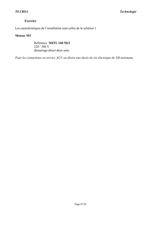 TS CRSA Technologie
Page N°28
Exercice
Les caractéristiques de l’installation sont celles de la solution 1
Moteur M3
Référence MJTL 160 Mr2
220 / 380 V
démarrage direct deux sens.
Pour les contacteurs en service AC3, on désire une durée de vie électrique de 5M minimum.
 