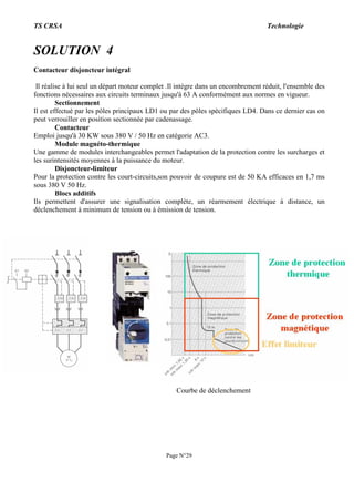 TS CRSA Technologie
Page N°29
SOLUTION 4
Contacteur disjoncteur intégral
Il réalise à lui seul un départ moteur complet .Il intègre dans un encombrement réduit, l'ensemble des
fonctions nécessaires aux circuits terminaux jusqu'à 63 A conformément aux normes en vigueur.
Sectionnement
Il est effectué par les pôles principaux LD1 ou par des pôles spécifiques LD4. Dans ce dernier cas on
peut verrouiller en position sectionnée par cadenassage.
Contacteur
Emploi jusqu'à 30 KW sous 380 V / 50 Hz en catégorie AC3.
Module magnéto-thermique
Une gamme de modules interchangeables permet l'adaptation de la protection contre les surcharges et
les surintensités moyennes à la puissance du moteur.
Disjoncteur-limiteur
Pour la protection contre les court-circuits,son pouvoir de coupure est de 50 KA efficaces en 1,7 ms
sous 380 V 50 Hz.
Blocs additifs
Ils permettent d'assurer une signalisation complète, un réarmement électrique à distance, un
déclenchement à minimum de tension ou à émission de tension.
Courbe de déclenchement
 