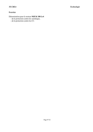 TS CRSA Technologie
Page N°32
Exercice
Détermination pour le moteur MJUK 100 Lr4
- de la protection contre les surcharges,
- de la protection contre les CC.
 