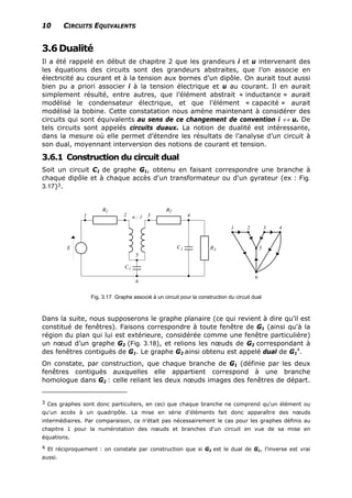 10 CIRCUITS EQUIVALENTS
3.6Dualité
Il a été rappelé en début de chapitre 2 que les grandeurs i et u intervenant des
les équations des circuits sont des grandeurs abstraites, que l’on associe en
électricité au courant et à la tension aux bornes d’un dipôle. On aurait tout aussi
bien pu a priori associer i à la tension électrique et u au courant. Il en aurait
simplement résulté, entre autres, que l’élément abstrait « inductance » aurait
modélisé le condensateur électrique, et que l’élément « capacité » aurait
modélisé la bobine. Cette constatation nous amène maintenant à considérer des
circuits qui sont équivalents au sens de ce changement de convention i ´ u. De
tels circuits sont appelés circuits duaux. La notion de dualité est intéressante,
dans la mesure où elle permet d’étendre les résultats de l’analyse d’un circuit à
son dual, moyennant interversion des notions de courant et tension.
3.6.1 Construction du circuit dual
Soit un circuit C1 de graphe G1, obtenu en faisant correspondre une branche à
chaque dipôle et à chaque accès d'un transformateur ou d'un gyrateur (ex : Fig.
3.17)3.
Fig. 3.17 Graphe associé à un circuit pour la construction du circuit dual
Dans la suite, nous supposerons le graphe planaire (ce qui revient à dire qu’il est
constitué de fenêtres). Faisons correspondre à toute fenêtre de G1 (ainsi qu'à la
région du plan qui lui est extérieure, considérée comme une fenêtre particulière)
un nœud d’un graphe G2 (Fig. 3.18), et relions les nœuds de G2 correspondant à
des fenêtres contiguës de G1. Le graphe G2 ainsi obtenu est appelé dual de G1
4
.
On constate, par construction, que chaque branche de G1 (définie par les deux
fenêtres contiguës auxquelles elle appartient correspond à une branche
homologue dans G2 : celle reliant les deux nœuds images des fenêtres de départ.
3 Ces graphes sont donc particuliers, en ceci que chaque branche ne comprend qu'un élément ou
qu'un accès à un quadripôle. La mise en série d'éléments fait donc apparaître des nœuds
intermédiaires. Par comparaison, ce n'était pas nécessairement le cas pour les graphes définis au
chapitre 1 pour la numérotation des nœuds et branches d'un circuit en vue de sa mise en
équations.
4 Et réciproquement : on constate par construction que si G2 est le dual de G1, l’inverse est vrai
aussi.
 