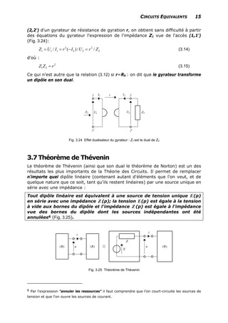 CIRCUITS EQUIVALENTS 15
(2,2') d'un gyrateur de résistance de gyration r, on obtient sans difficulté à partir
des équations du gyrateur l'expression de l'impédance Z1 vue de l'accès (1,1')
(Fig. 3.24):
2 2
1 1 1 2 2/ ( )/ / 2Z U I r I U r Z= = − = (3.14)
d'où :
2
1 2Z Z r= (3.15)
Ce qui n'est autre que la relation (3.12) si r=R0 : on dit que le gyrateur transforme
un dipôle en son dual.
Fig. 3.24 Effet dualisateur du gyrateur : Z1 est le dual de Z2
3.7Théorème de Thévenin
Le théorème de Thévenin (ainsi que son dual le théorème de Norton) est un des
résultats les plus importants de la Théorie des Circuits. Il permet de remplacer
n'importe quel dipôle linéaire (contenant autant d'éléments que l'on veut, et de
quelque nature que ce soit, tant qu'ils restent linéaires) par une source unique en
série avec une impédance :
Tout dipôle linéaire est équivalent à une source de tension unique E(p)
en série avec une impédance Z (p); la tension E(p) est égale à la tension
à vide aux bornes du dipôle et l'impédance (p) est égale à l'impédanceZ
vue des bornes du dipôle dont les sources indépendantes ont été
annulées6 (Fig. 3.25).
Fig. 3.25 Théorème de Thévenin
6 Par l'expression "annuler les ressources" il faut comprendre que l'on court-circuite les sources de
tension et que l'on ouvre les sources de courant.
 
