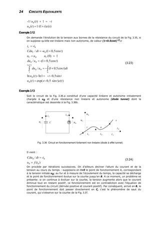 24 CIRCUITS EQUIVALENTS
-1/ ( ) 1 -
( ) 1/(1 ) ( )
R
R
u t t
u t t tε
+ =
= +
Exemple3.12
On demande l'évolution de la tension aux bornes de la résistance du circuit de la Fig. 3.35, si
on suppose qu’elle est linéaire mais non autonome, de valeur (1+0.5cost)-1Ω
-
/ - (1 0,5cos
(0) 1
/ -(1 0,5cos )
C R
C R
C R C
R R
i i
Cdu dt u t
u u u
du u t
=
= +
= =
= +
)
)
( )
1 0
/ (1 0.5cos
Ru t t
R Rdu u t dt= − +∫ ∫
ln ( )-ln1 - -0,5sin
( ) exp(- -0,5 sin ) ( )
R
R
u t t t
u t t t tε
=
=
(3.23)
Exemple3.13
Soit le circuit de la Fig. 3.36.a constitué d'une capacité linéaire et autonome initialement
chargée à u0 et d'une résistance non linéaire et autonome (diode tunnel) dont la
caractéristique est dessinée à la Fig. 3.36b.
Fig. 3.36 Circuit en fonctionnement fortement non linéaire (diode à effet tunnel)
Il vient :
/ -
( )
R R
R R
Cdu dt i
u f i
=
=
(3.24)
On procède par itérations successives. On d’ailleurs deviner l’allure du courant et de la
tension au cours du temps : supposons en t=0 le point de fonctionnement A, correspondant
à la tension initiale u0; au fur et à mesure de l'écoulement du temps, la capacité se décharge
et le point de fonctionnement évolue sur la courbe jusqu'en B. A ce moment, un problème se
présente: si on continue à évoluer sur la courbe, la tension augmente alors que le courant
diminue tout en restant positif; ce fonctionnement est en contradiction avec l'équation de
fonctionnement du circuit (dérivée positive et courant positif). Par conséquent, arrivé en B, le
point de fonctionnement doit passer directement en C, c'est le phénomène de saut du
courant, qui s'observe sur la courbe de la Fig. 3.37.
 
