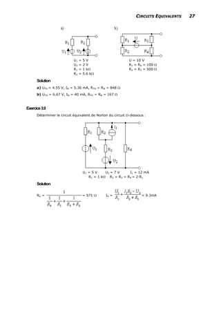 CIRCUITS EQUIVALENTS 27
U1 = 5 V U = 10 V
U2 = 2 V R1 = R4 = 100 Ω
R1 = 1 kΩ R2 = R3 = 500 Ω
R2 = 5.6 kΩ
Solution
a) UTH = 4.55 V, IN = 5.36 mA, RTH = RN = 848 Ω
b) UTH = 6.67 V, IN = 40 mA, RTH = RN = 167 Ω
Exercice3.9
Déterminer le circuit équivalent de Norton du circuit ci-dessous :
U1 = 5 V U2 = 7 V I1 = 12 mA
R1 = 1 kΩ R2 = R3 = R4 = 2·R1
Solution
R0 = = 571 Ω I0 = = 9.3mA
 