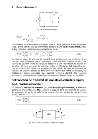 6 CIRCUITS EQUIVALENTS
Fig. 3.9 Dipôle série-parallèle
2
1
( )
1 1
( )
R pL
Z p
p LC pRCpC
R pL
+
= =
+ ++
+
On constate, dans l’exemple précédent, que la forme générale d’une impédance
(resp. d’une admittance) opérationnelle est celle d’une fraction rationnelle, c’est-
à-dire celle d’un rapport de deux polynômes en p :
( )
( )
( )
N
D
Z p
Z p
Z p
= et
( ) ( )
( )
( ) ( )
N D
D N
Y p Z p
Y p
Y p Z p
= = (3.5)
La mise en série de sources de courant pose évidemment un problème si les
courants sont différents. Dans la pratique, cette situation n’arrive jamais : une
source de courant réelle est toujours associée à une impédance de source en
parallèle. La mise en série de sources réelles et différentes fait apparaître des
courants importants dans ces impédances. De même, la mise en parallèle de
sources de tension idéales et différentes est impossible. Dans la pratique, les
impédances séries associées aux sources réelles porteront des courants
importants, qui assureront l’égalité des tensions aux bornes mises en parallèle.
3.3Fonction de transfert de circuits en échelle simples
3.3.1 Fonction de transfert
On définit la fonction de transfert (ou transmittance opérationnelle) à vide d'un
quadripôle (Fig. 3.10) notée H(p), comme le rapport de la transformée de Laplace
de sa tension de sortie sur celle de sa tension d'entrée, lorsque le courant à son
accès 2 est nul :
2
2
1 0
( )
( )
( ) I
U p
H p
U p =
= (3.6)
i1 i2=0
u1 u2
1
1’
2
2’
H(p)
Fig. 3.10 Fonction de transfert à vide d'un quadripôle
 