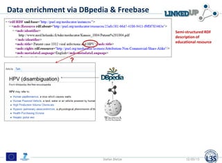?
Data enrichment via DBpedia & Freebase
Semi-structured RDF
description of
educational resource
12/03/13Stefan Dietze
 