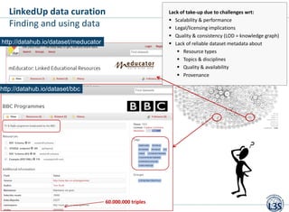 http://datahub.io/dataset/meducator
LinkedUp data curation
Finding and using data
Lack of take-up due to challenges wrt:
 Scalability & performance
 Legal/licensing implications
 Quality & consistency (LOD = knowledge graph)
 Lack of reliable dataset metadata about
 Resource types
 Topics & disciplines
 Quality & availability
 Provenance
http://datahub.io/dataset/bbc
60.000.000 triples
 