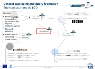 db:Viral
Infectionsdb:Human
Papilloma Virus
db:Life
Sciences
<led:Resource-OpenLearn-2139393292>
<led:title>…viral…disease…</led:title>
…
</led:Resource-OpenLearn-2139393292>
<led:Resource-BBC-519215>
<led:title>…virus…</led:title>
…
</led:Resource-BBC-519215>
<led:Resource-mEducator-2139393292>
<led:title>Virtual patient 1002,
infections & HPV</led:title>
…
</led:Resource-mEducator-2139393292>
db:Disease
Stefan Dietze
Dataset cataloging and query federation
Topic assessment via LOD
Approach
 Enriching sample
resources from
each dataset with
DBpedia
entities/categories
 Filtering &
validation
 Computation of
normalised
relevance score
13/05/13
 