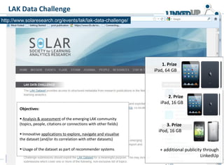 LAK Data Challenge
in a nutshellhttp://www.solaresearch.org/events/lak/lak-data-challenge/
2. Prize
iPad, 16 GB
1. Prize
iPad, 64 GB
3. Prize
iPod, 16 GB
+ additional publicity through
LinkedUp
Objectives:
 Analysis & assessment of the emerging LAK community
(topics, people, citations or connections with other fields)
 Innovative applications to explore, navigate and visualise
the dataset (and/or its correlation with other datasets)
 Usage of the dataset as part of recommender systems
 