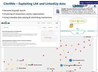Cite4Me – Exploiting LAK and LinkedUp data
13/05/13 45
Stefan Dietze
http://cite4me.com
Cite4Me: Semantic Retrieval and Analysis of Scientific
Publications, B. P. Nunes, B. Fetahu, and M. A. Casanova.
Proceedings of the LAK Data Challenge, held at LAK 2013, the
Third Conference on Learning Analytics and Knowledge, (2013)
 Semantic & graph search
 Clustering of researchers, teams, organisations
 Using LinkedUp data catalog & interlinking mechanisms
 