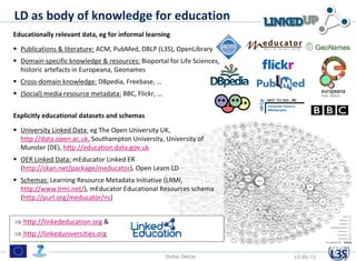 Educationally relevant data, eg for informal learning
 Publications & literature: ACM, PubMed, DBLP (L3S), OpenLibrary
 Domain-specific knowledge & resources: Bioportal for Life Sciences,
historic artefacts in Europeana, Geonames
 Cross-domain knowledge: DBpedia, Freebase, …
 (Social) media resource metadata: BBC, Flickr, …
Explicitly educational datasets and schemas
 University Linked Data: eg The Open University UK,
http://data.open.ac.uk, Southampton University, University of
Munster (DE), http://education.data.gov.uk
 OER Linked Data: mEducator Linked ER
(http://ckan.net/package/meducator), Open Learn LD
 Schemas: Learning Resource Metadata Initiative (LRMI,
http://www.lrmi.net/), mEducator Educational Resources schema
(http://purl.org/meducator/ns)
 http://linkededucation.org &
 http://linkeduniversities.org
LD as body of knowledge for education
Stefan Dietze 13/05/13
 