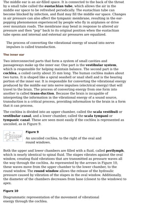 The middle ear is an air-ﬁlled space. It is connected to the back of the throat
by a small tube called the eustachian tube, which allows the air in the
middle ear space to be refreshed periodically. The eustachian tube can
become blocked by infection, and ﬂuid may ﬁll the middle ear space. Changes
in air pressure can also aﬀect the tympanic membrane, resulting in the ear-
popping phenomenon experienced by people who ﬂy in airplanes or drive
over mountain roads. The membrane may bend in response to altered air
pressure and then "pop" back to its original position when the eustachian
tube opens and internal and external air pressures are equalized.
The process of converting the vibrational energy of sound into nerve
impulses is called transduction.
The inner ear
Two interconnected parts that form a system of small cavities and
passageways make up the inner ear. One part is the vestibular system,
which is responsible for helping maintain balance. The second part is the
cochlea, a coiled cavity about 35 mm long. The human cochlea makes about
two turns. It is shaped like a spiral seashell or snail shell and is the hearing
portion of the inner ear. It is responsible for converting the vibrational energy
produced by the middle ear into nerve impulses (electrical energy) that will
travel to the brain. The process of converting energy from one form into
another is called trans-duction. Because the brain is incapable of
interpreting the information in the vibrational energy of a sound source,
transduction is a critical process, providing information to the brain in a form
that it can process.
The cochlea is divided into an upper chamber, called the scala vestibuli or
vestibular canal, and a lower chamber, called the scala tympani or
tympanic canal. These are seen most easily if the cochlea is represented as
uncoiled, as in Figure 9.
Figure 9
An uncoiled cochlea, to the right of the oval and
round windows.
Both the upper and lower chambers are ﬁlled with a ﬂuid, called perilymph,
which is nearly identical to spinal ﬂuid. The stapes vibrates against the oval
window, creating ﬂuid vibrations that are transmitted as pressure waves all
the way through the cochlea. As represented by the arrows in Figure 10,
these waves move from the upper chamber to the lower chamber, to the
round window. The round window allows the release of the hydraulic
pressure caused by vibration of the stapes in the oval window. Additionally,
the diameter of the chambers decreases from base (closest to the windows) to
apex.
Figure 10
Diagrammatic representation of the movement of vibrational
energy through the cochlea.
 