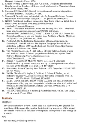 6.
7.
8.
9.
10.
11.
12.
13.
14.
15.
16.
17.
18.
Harvard University Press; 1970.
Loucks-Horsley S, Hewson P
, Love N, Stiles K. Designing Professional
Development for Teachers of Science and Mathematics. Thousands Oaks,
CA: Corwin Press; 1998.
Massaro DW, Storck DG. Speech recognition and sensory integration.
American Scientist. 1998;86:236–244.
Mooney R. Sensitive periods and circuits for learned birdsong. Current
Opinions in Neurobiology. 1999;9:121–127. [PubMed: 10072364]
NIDCD Fact Sheet. Auditory processing disorder in children: What does it
mean? 2001. Retrieved from http://www.nidcd.nih
.gov/health/voice/auditory.asp.
NIDCD Consensus Statement. Noise and hearing loss. 2001. Retrieved
from http://consensus.nih.gov/cons/076/076_intro.htm.
Nondahl DM, Cruikshanks KJ, Wiley TL, Klein R, Klein BEK, Tweed TS.
Recreational ﬁrearm use and hearing loss. Archives of Family Medicine.
2000;9:352–357. [PubMed: 10776364]
Petitto LA. On the biological foundations of human language. In:
Emmorey K, Lane H, editors. The signs of Language Revisited: An
Anthology in Honor of Ursula Bellugi and Edward Klima. New Jersey:
Lawrence Erlbaum Assoc; 2000.
The Physics Classroom: A High School Physics Tutorial. Sound waves
and motion: Lesson 2: Sound properties and their perception. 2002.
Retrieved from http://www.physicsclassroom
.com/Class/sound/U11L2a.html.
Ramus F, Hauser MD, Miller C, Morris D, Mehler J. Language
discrimination by human newborns and by cotton-top tamarin monkeys.
Science. 2000;288:349–351. [PubMed: 10764650]
Resources: Roots of hearing loss. Science. 2000 December 15;290:2027.
(in Net-Watch)
Weil D, Blanchard S, Kaplan J, Guil-ford P
, Gibson F, Walsh J, et al.
Defective myosin VIIA gene responsible for Usher syndrome type 1B.
Nature. 1995;374:60–61. [PubMed: 7870171]
Xia JH, Liu CY, Tang BS, Pan Q, Huang L, Zhang BR, et al. Mutations in
the gene encoding gap junction protein beta-3 associated with autosomal
dominant hearing impairment. Nature Genetics. 1998;20:370–373.
[PubMed: 9843210]
Yost WA. Fundamentals of Hearing: An Introduction. 4th ed. San Diego,
CA: Academic Press; 2000.
Glossary
amplitude
The displacement of a wave. In the case of a sound wave, the greater the
amplitude of the wave, the greater the intensity, or pressure, of the sound.
The extent to which air particles are displaced in response to the energy of
a sound.
APD
See auditory processing disorder.
 
