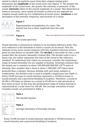 extent to which air particles move from their original resting point
determines the amplitude of the sound wave (see Figure 7). The greater the
amplitude of the sound wave, the greater the intensity, or pressure, of the
sound. Intensity refers to the overall amplitude of a sound. This distinction in
terms is necessary, since nearly all sounds to which we are exposed are
complex sounds made up of a combination of sound waves. Loudness is our
perception of the intensity, frequency, and duration of a sound.
Figure 7
Representation of amplitudes of a wave. The
dashed line has a lower amplitude than the solid
line.
Figure 6
The sound spectrum.
Sound intensity is measured in relation to an accepted reference point. One
such reference is the threshold at which a sound can be heard. How the
intensity of any given sound compares with this standard reference level is
given in units known as decibels (dB). The decibel is one-tenth of a bel, a unit
named after the inventor Alexander Graham Bell. The decibel scale is not a
linear one, but rather represents the ratio of the sound to the reference
standard. To understand why ratios are necessary, consider the tremendous
range of sound intensities we are capable of hearing. Scientists estimate that
the human ear is sensitive to about 100,000,000,000,000 (10 ) units of
intensity. Also consider that a shout is about 1,000,000 (10 ) times more
powerful than a whisper. Because dealing with such large numbers is
cumbersome, the decibel scale is used to simplify comparisons (see Table 1).
Every 10-dB increase in sound intensity represents a 10-fold increase in
sound intensity and a perceived doubling in loudness. Therefore, a sound at
60 dB is 100 times as intense as a sound at 40 dB but is only perceived as
four times as loud. In this way, the predominant range of human hearing is
represented on a scale from 0 to 140 dB. The average intensities of some
everyday sounds are presented in Table 2.
Table 1
The Decibel System.
Table 2
Average Intensities of Everyday Sounds.
Every 10-dB increase in sound intensity represents a 10-fold increase in
sound intensity and a perceived doubling in loudness.
14
6
https://www.digistore24.com/redir/367547/elhosanyreda200/
 