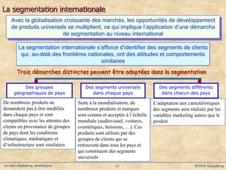 ECOVA Consulting
13
Le plan marketing stratégique
La segmentation internationale
Avec la globalisation croissante des marc...