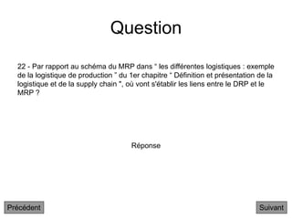 Question
22 - Par rapport au schéma du MRP dans “ les différentes logistiques : exemple
de la logistique de production ” du 1er chapitre “ Définition et présentation de la
logistique et de la supply chain ", où vont s'établir les liens entre le DRP et le
MRP ?
Suivant
Réponse
Précédent
 