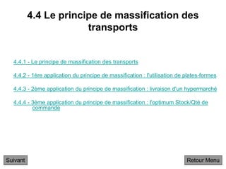 4.4 Le principe de massification des
transports
4.4.1 - Le principe de massification des transports
4.4.2 - 1ère application du principe de massification : l'utilisation de plates-formes
4.4.3 - 2ème application du principe de massification : livraison d'un hypermarché
4.4.4 - 3ème application du principe de massification : l'optimum Stock/Qté de
commande
Suivant Retour Menu
 