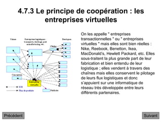 4.7.3 Le principe de coopération : les
entreprises virtuelles
Suivant
On les appelle " entreprises
transactionnelles " ou " entreprises
virtuelles " mais elles sont bien réelles :
Nike, Reebook, Benetton, Ikea,
MacDonald’s, Hewlett Packard, etc. Elles
sous-traitent la plus grande part de leur
fabrication et bien entendu de leur
logistique ; elles vendent à travers des
chaînes mais elles conservent le pilotage
de leurs flux logistiques et donc
s’appuient sur une informatique de
réseau très développée entre leurs
différents partenaires.
Précédent
 
