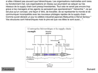 si elles n'étaient pas souvent que hiérarchiques. Les organisations matricielles sont rares
ou fonctionnent mal. Les organisations en réseau qui pourraient se calquer sur les
réseaux de la supply chain sont presqu'inexistantes. Tout cela ne serait pas encore trop
grave si les managers et les agents ne pensaient pas spontanément " hiérarchie ", ce qui
est plus qu'un concept, une façon d' être, de travailler, de se représenter le monde et de
communiquer incompatible avec les nouveaux pilotages rapides de la supply chain.
Comme aurait déclaré un jour le célèbre industriel japonais Matsushita à Hervé Serieyx "
Vos structures sont hiérarchiques mais le pire est que vos têtes le sont aussi... ".
Suivant
Précédent
 