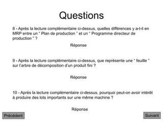 Questions
8 - Après la lecture complémentaire ci-dessus, quelles différences y a-t-il en
MRP entre un “ Plan de production ” et un “ Programme directeur de
production ” ?
9 - Après la lecture complémentaire ci-dessus, que représente une “ feuille ”
sur l’arbre de décomposition d’un produit fini ?
10 - Après la lecture complémentaire ci-dessus, pourquoi peut-on avoir intérêt
à produire des lots importants sur une même machine ?
Réponse
Réponse
Réponse
Suivant
Précédent
 